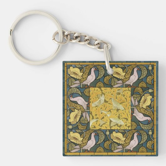 Pigeon Blue Yellow Fish Art Nouveau Sleutelhanger (Voorkant)