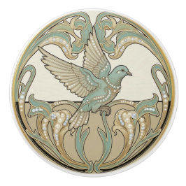 Pigeon Dove Sage Green & Gold Art Deco Nouveau Keramische Knop