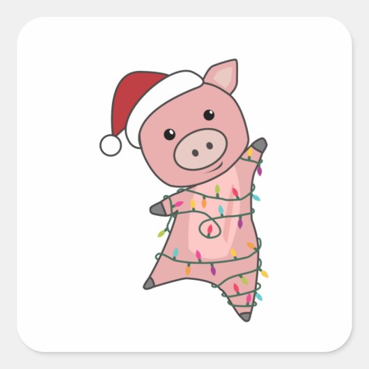 Piggen met kerstwintersneeuw vierkante sticker (Voorkant)