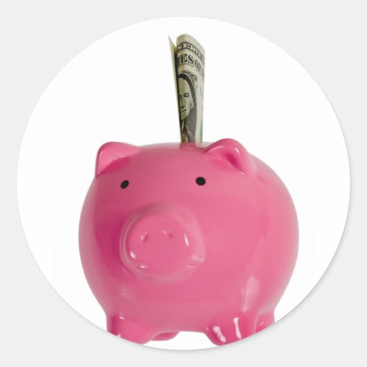 Piggy bank met geld ronde sticker (Voorkant)