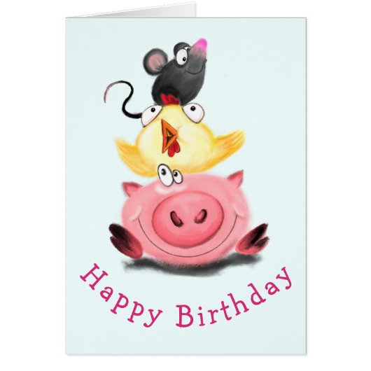 Piggy Chick en Mouse Friends Birthday Kaart (Voorkant)