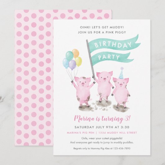 Piggy Kids Birthday Party Invitation Kaart (Voorkant / Achterkant)