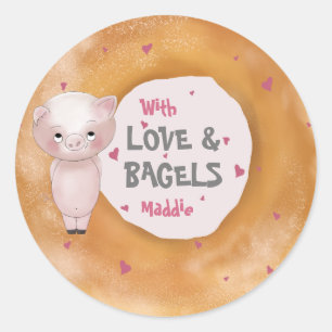 Piggy "Met Liefde & Bagels"   Katoen Snoep Roze Ronde Sticker