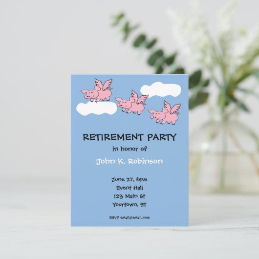 Pigs Fly Funny Retirement Party Invitation Kaart (Staand voorkant)