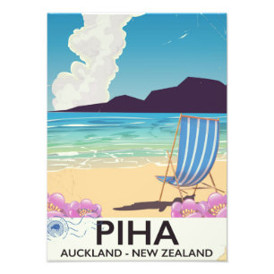 Piha Nieuw-Zeeland vintage reisposter Foto Afdruk