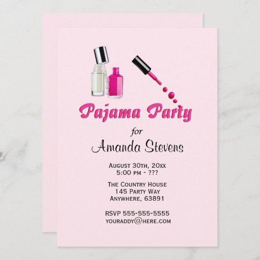 Pijama Feest Unieke Meisjes Roze Uitnodiging (Voorkant / Achterkant)