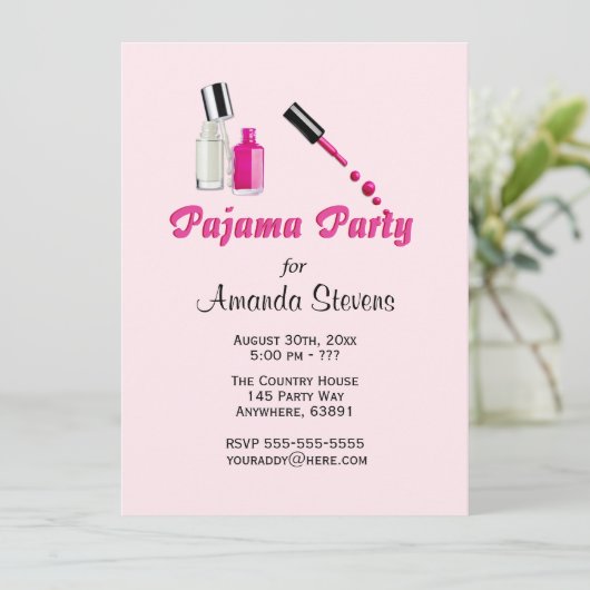 Pijama Feest Unieke Meisjes Roze Uitnodiging (Staand voorkant)