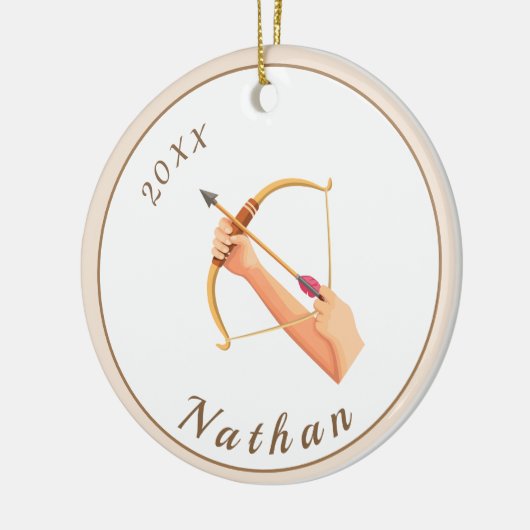 Pijl- en hoeknaam en pasteipap keramisch ornament (Links)