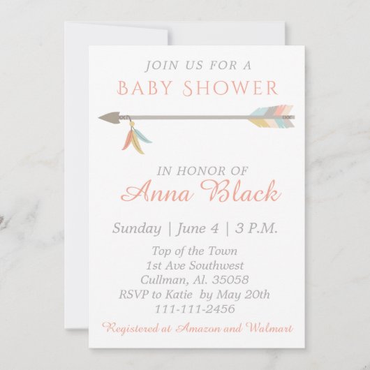 Pijl en veren Baby shower uitnodiging (Voorkant)