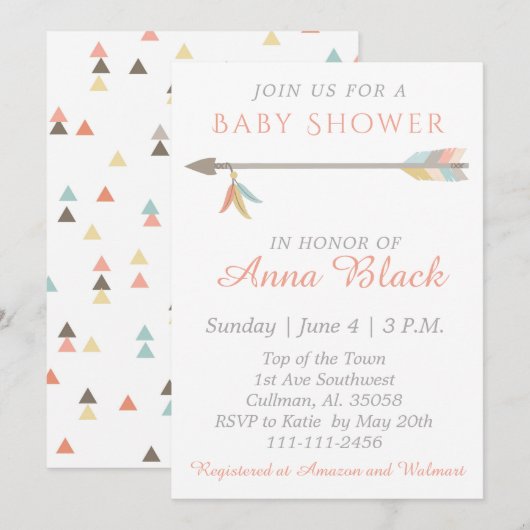 Pijl en veren Baby shower uitnodiging (Voorkant / Achterkant)