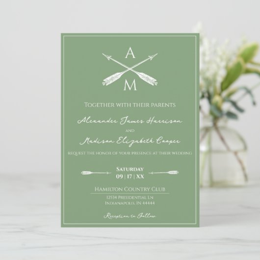 Pijlen en Monogrammen bruiloft | Moss Green Kaart (Staand voorkant)