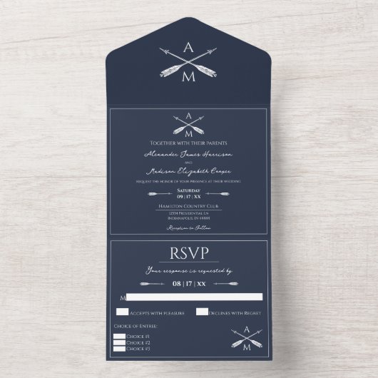 Pijlen en Monogrammen bruiloft | Navy Blue All In One Uitnodiging (Binnen)