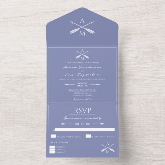 Pijlen en Monogrammen bruiloft | Periwinkle All In One Uitnodiging (Binnen)