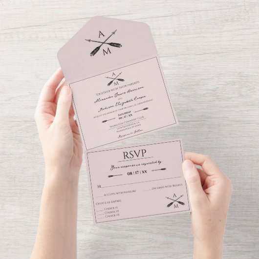 Pijlen en Monogrammen bruiloft | Roze All In One Uitnodiging (Afscheurbaar)