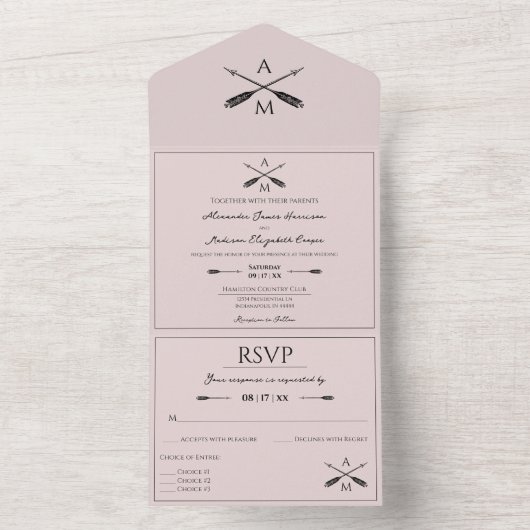 Pijlen en Monogrammen bruiloft | Roze All In One Uitnodiging (Binnen)