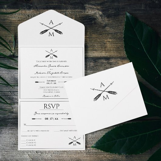 Pijlen en Monogrammen Trouwen | Wit All In One Uitnodiging