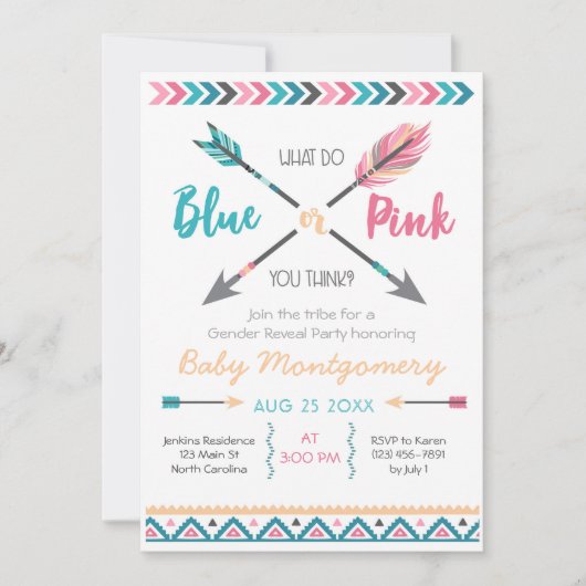 Pijlen Gender Reveal Party Invitation Feathers Bei Kaart (Voorkant)