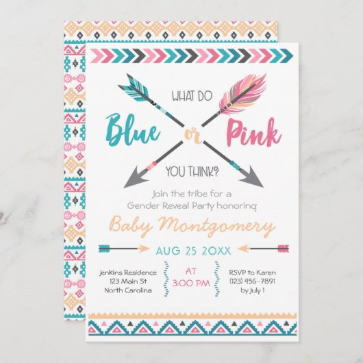 Pijlen Gender Reveal Party Invitation Feathers Bei Kaart (Voorkant / Achterkant)