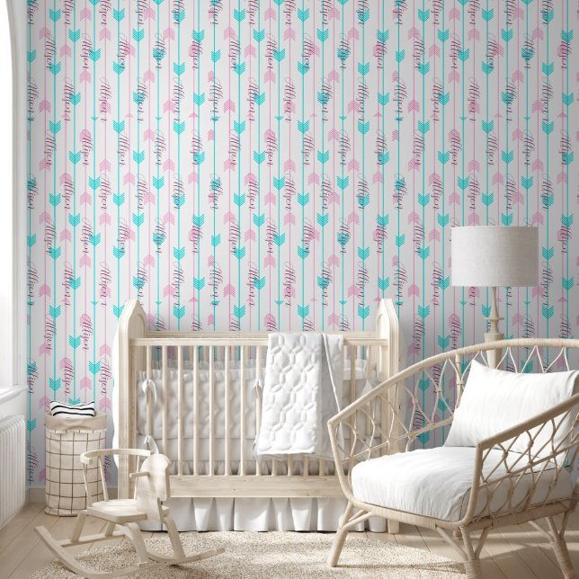 Pijlen in turquoise en roze, gepersonaliseerd behang (Kinderen)
