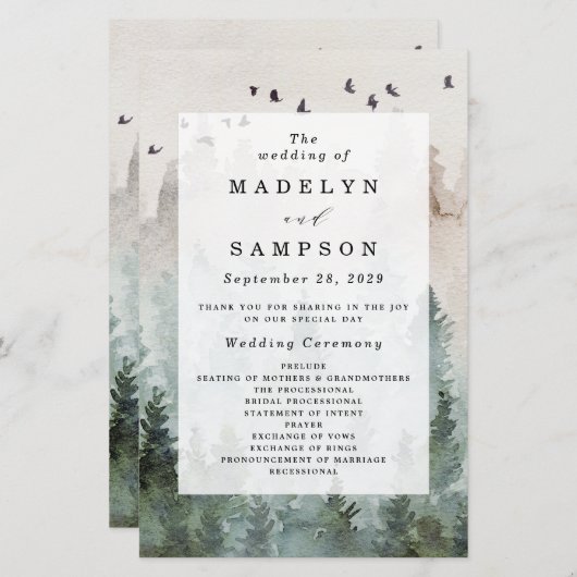 Pijn Tree Forest Rustic Waterverf Wedding Programm (Voorkant / Achterkant)
