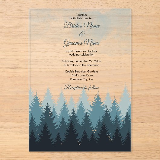 Pijn Tree Waterverf Forest Rustic Wedding Acryl Uitnodigingen (Voorkant)