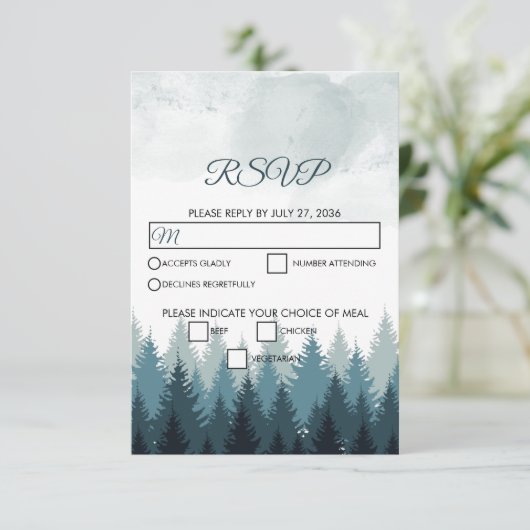 Pijn Tree Waterverf Forest Rustic Wedding RSVP Kaartje (Staand voorkant)