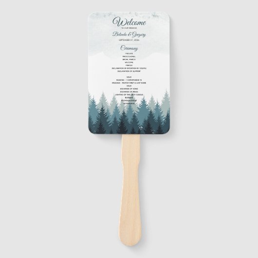 Pijn Tree Waterverf Forest Wedding Programme Handwaaier (Voorkant)
