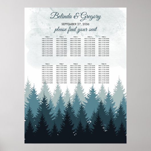 Pijn Tree Waterverf Forest Wedding Seating Chart Poster (Voorkant)