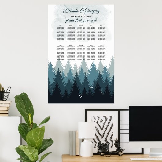 Pijn Tree Waterverf Forest Wedding Seating Chart Poster (Thuiskantoor)