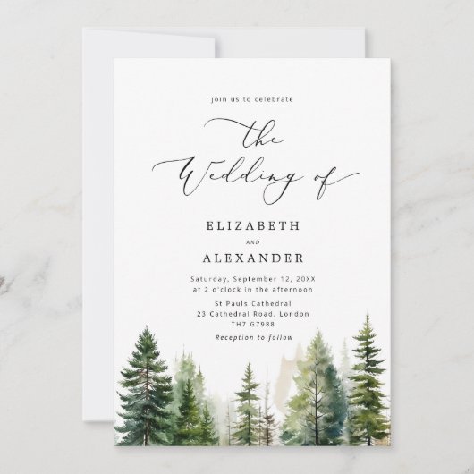 Pijnbomen elegante minimalistische qr code bruilof kaart (Voorkant)