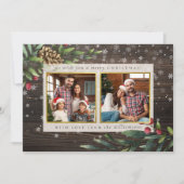 Pijnbomen en bessen | Hout en gouden kerstfoto Kaart (Voorkant)