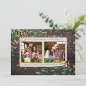 Pijnbomen en bessen | Hout en gouden kerstfoto Kaart (Staand voorkant)