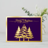 Pijnbomen en Vrolijk Kerstfeest in Paarse, Goud Folie Feestdagenkaart (Staand Voorkant)