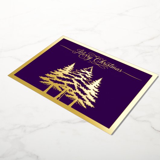 Pijnbomen en Vrolijk Kerstfeest in Paarse, Goud Folie Feestdagenkaart (Gedraaid)