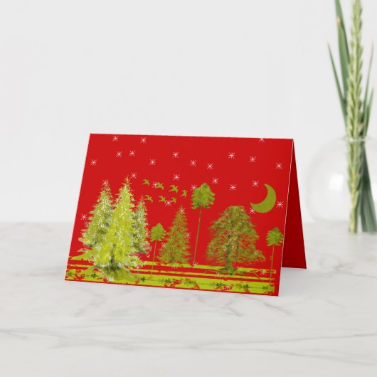 Pijnbomen met maan en sterren feestdagen kaart (Voorkant)