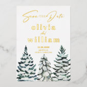 Pijnbomen Sneeuw Winter Kerstmis Save De Datum Folie Uitnodiging (Voorkant)