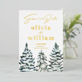 Pijnbomen Sneeuw Winter Kerstmis Save De Datum Folie Uitnodiging (Staand Voorkant)