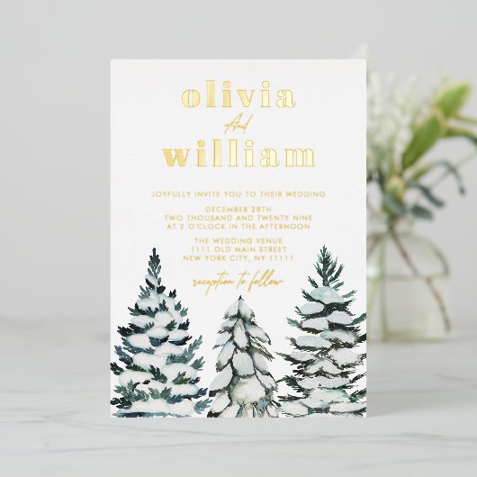 Pijnbomen Sneeuw Winter Kerstvakantie bruiloft Folie Uitnodiging (Staand Voorkant)