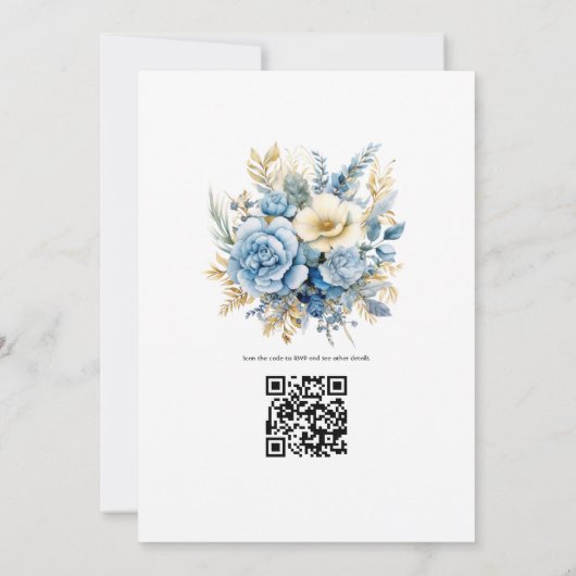 Pijnboom, messing en pastelblauw bloemenwinter bru kaart (Achterkant)