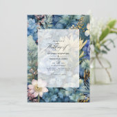 Pijnboom, messing en pastelblauw bloemenwinter bru kaart (Staand voorkant)