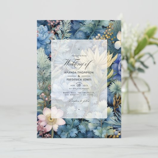 Pijnboom, messing en pastelblauw bloemenwinter bru kaart (Staand voorkant)