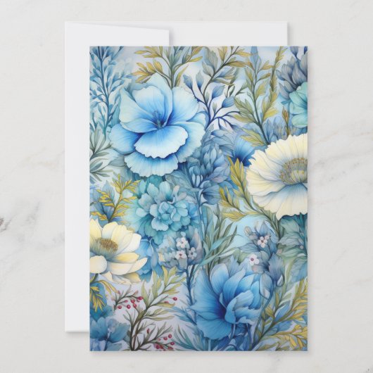 Pijnboom, messing en pastelblauw bloemenwinter bru kaart (Achterkant)