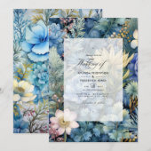 Pijnboom, messing en pastelblauw bloemenwinter bru kaart (Voorkant / Achterkant)