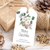 Pijnboom met kegels, winterbessen, wattenstaafjes cadeaulabel