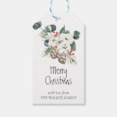 Pijnboom met kegels, winterbessen, wattenstaafjes cadeaulabel (Voorkant)