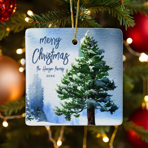 Pijnboom met Sneeuw Aquarel Schildering Kerst  Keramisch Ornament