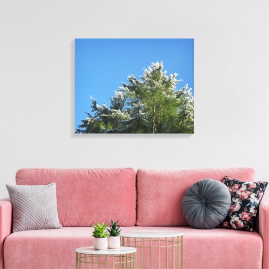 Pijnboom met sneeuwklemmen op blauwe hemel canvas afdruk (Insitu (Woonkamer))