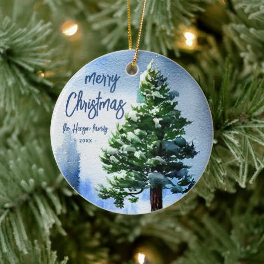 Pijnboom met sneeuwWaterverf die Kerstmis schilder Keramisch Ornament (Boom)