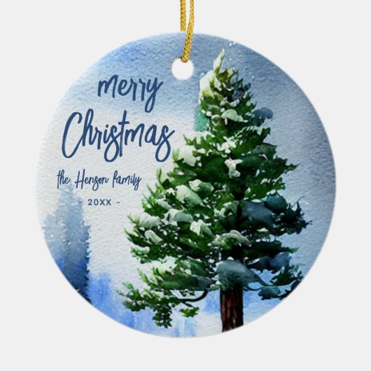 Pijnboom met sneeuwWaterverf die Kerstmis schilder Keramisch Ornament (Voorkant)