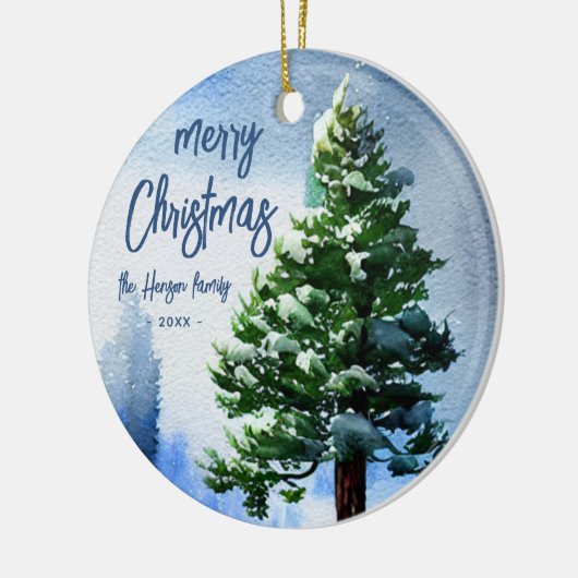 Pijnboom met sneeuwWaterverf die Kerstmis schilder Keramisch Ornament (Links)